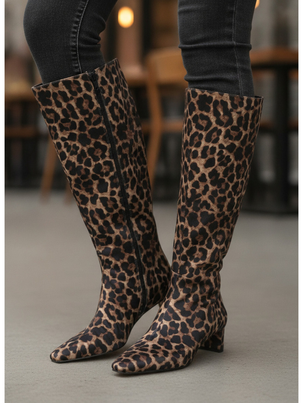 Leopard Print Knee-High Boots with Low Heel and Side Zipper